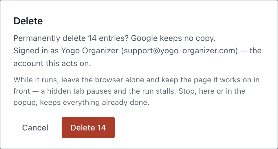 Delete — permanently delete 14 entries? Signed in as Yogo Organizer (support@yogo-organizer.com)