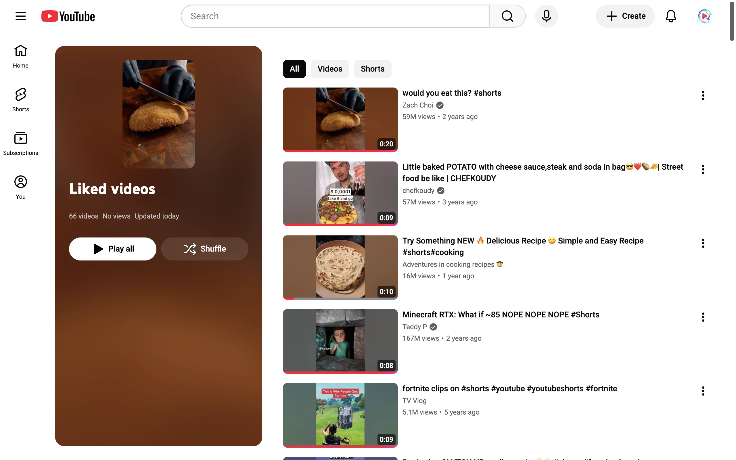 A YouTube playlist page — the demo account's Liked videos