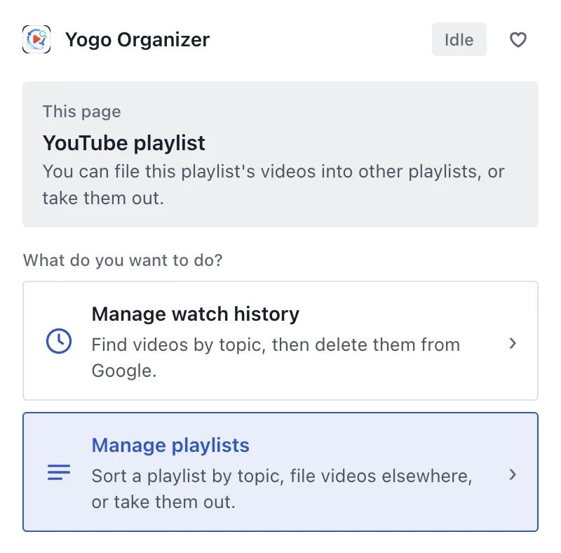 The Yogo Organizer popup: this page is a YouTube playlist; manage watch history, or manage playlists