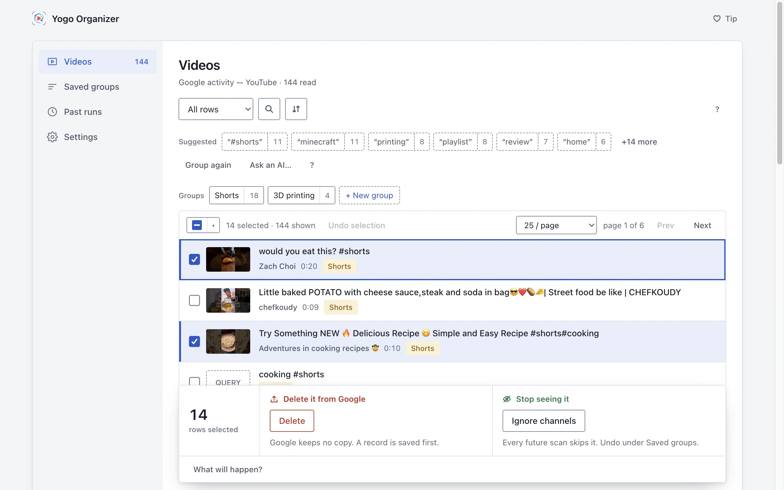 The review list: rows with thumbnails and group tags, 14 ticked, the action dock